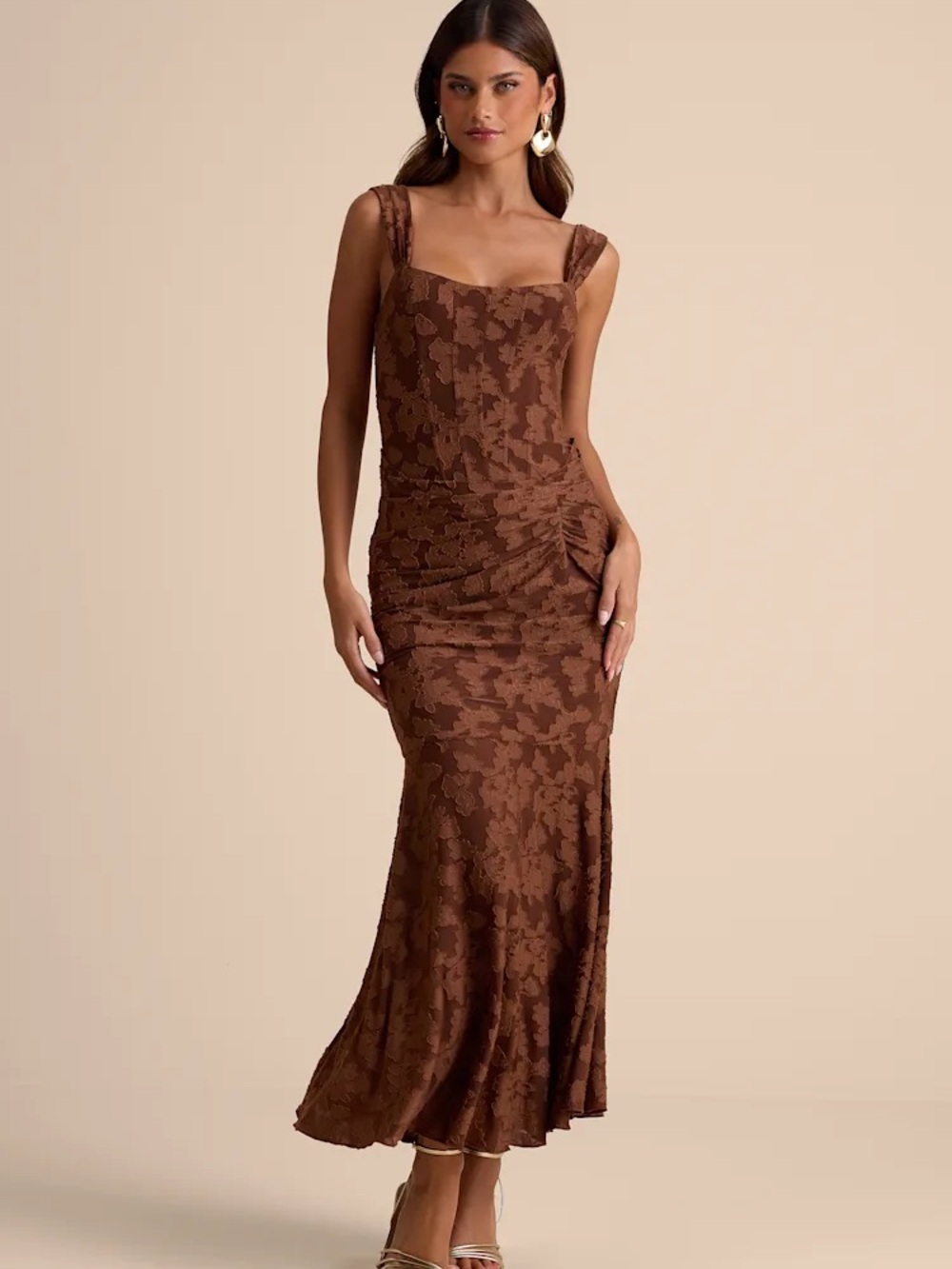 Celeste Brown Floral Burnout Bustier Maxi Dress